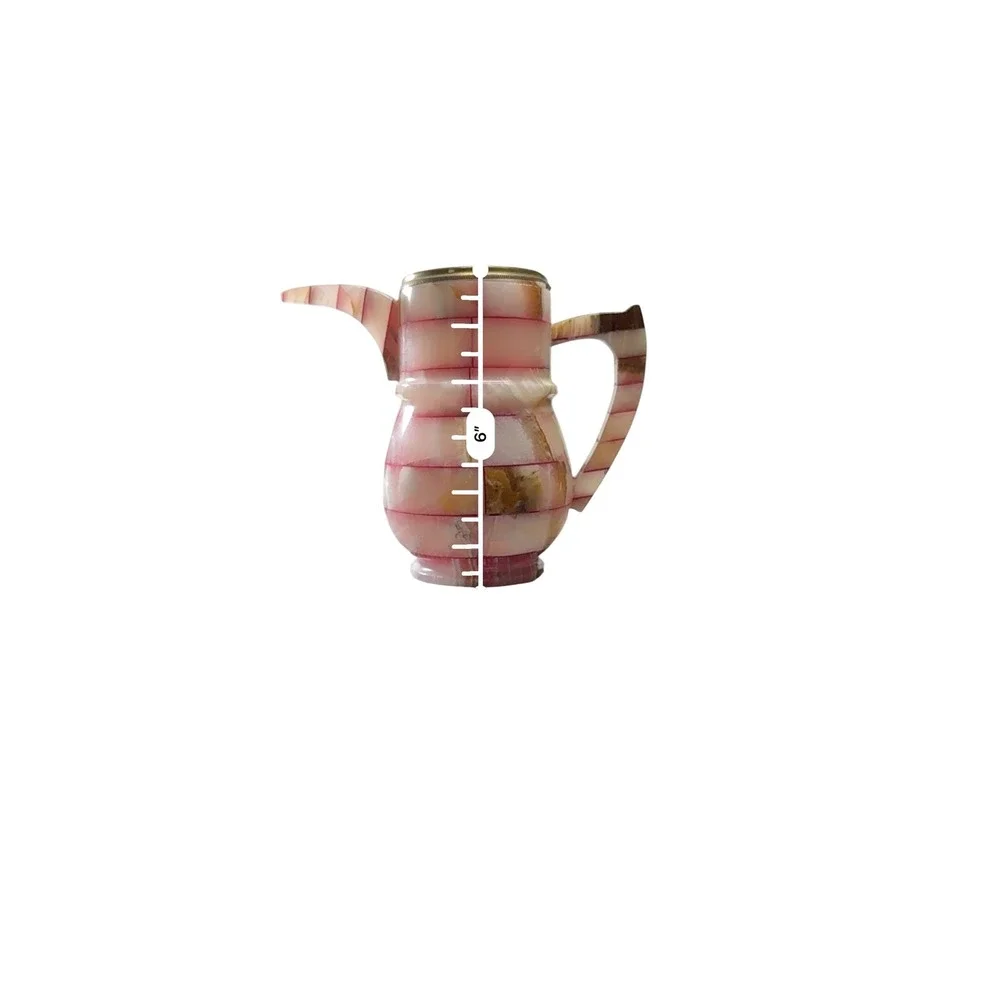 Vintage Pink Onyx Stone Pitcher Decorative Ewer Brass Rim Mosaic Banded 6in